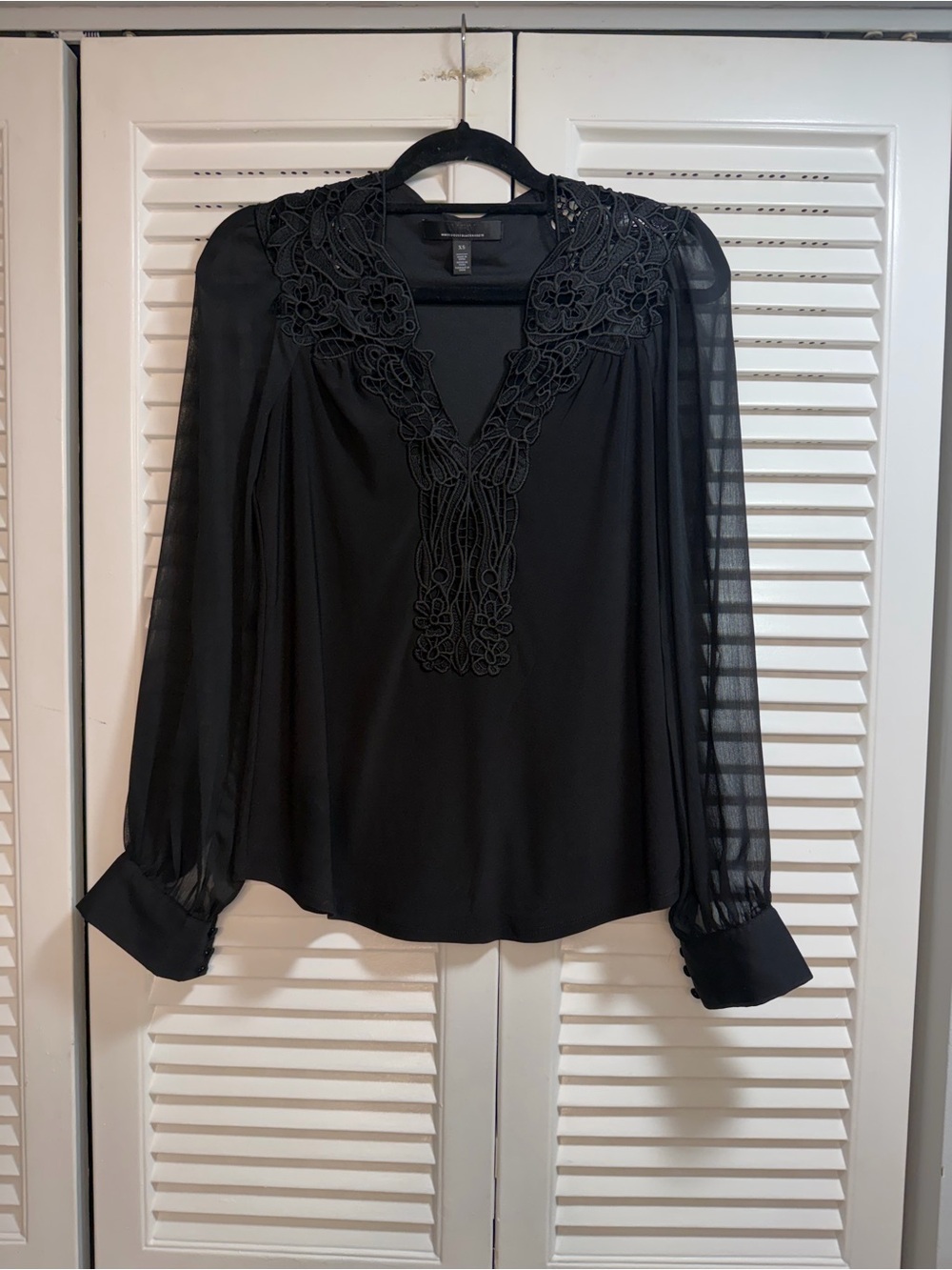 White House Black Market Black Lace-Yoke Sheer Sleeve Blouse With Lace Detail